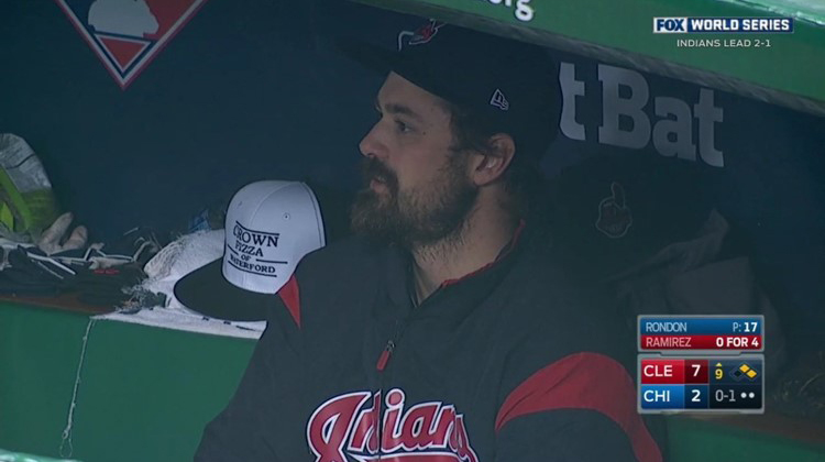 What’s a Crown Pizza of Waterford Hat Doing in the Cleveland Indians Dugout at the World Series?